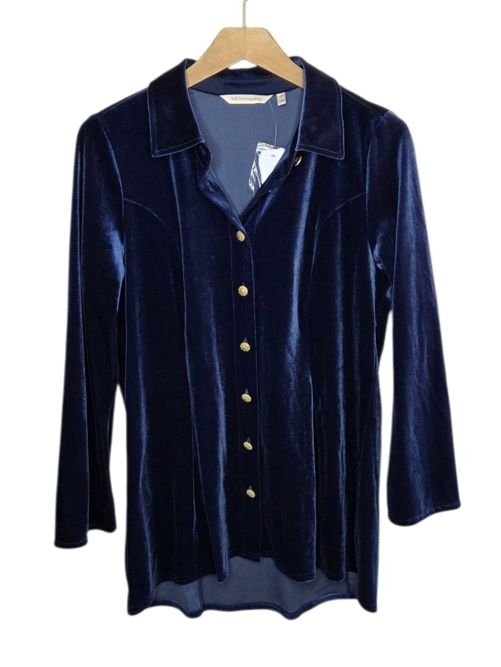 Soft Surroundings Navy Blue Enchanted Velvet Button Front Top Size Medium NWT